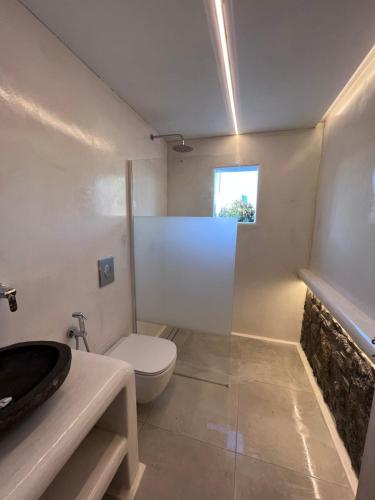 uma casa de banho com um WC, um lavatório e uma janela em Mykonos Eight em Míconos