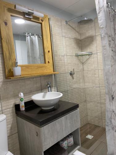 y baño con lavabo, espejo y ducha. en Lilu Apartments Curaçao, en Willemstad