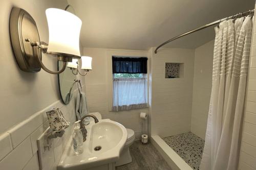 un bagno bianco con lavandino e doccia di Waterfront Cottage and Ski Getaway! a Sunapee