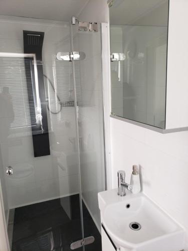 a white bathroom with a shower and a sink at Monteurzimmer in Malterdingen