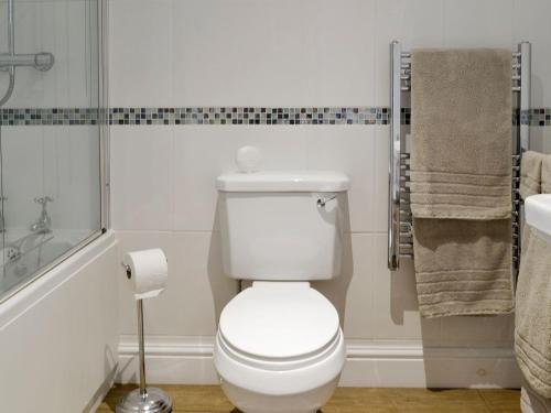 a white bathroom with a toilet and a shower at Clinton Cottage in Yaxham