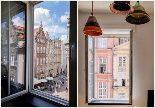 two views of a city from a window at Długa Design Apartment - Old Town in Gdańsk