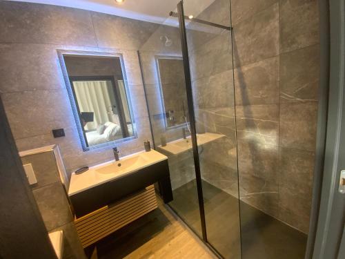 une salle de bain avec un lavabo et une douche en verre dans l'établissement AU JARDIN DU CLOS, à Brides-les-Bains