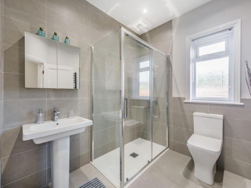 uma casa de banho com um chuveiro, um WC e um lavatório. em North Lodge Cottage em Chester-le-Street