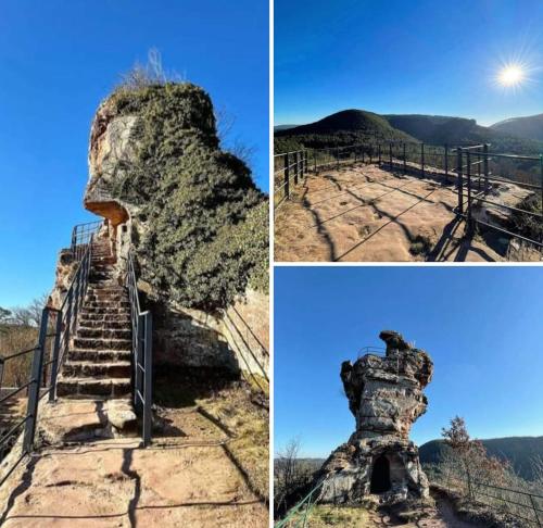 a collage of two pictures of a rock formation at Felsenlandblick in Dahn