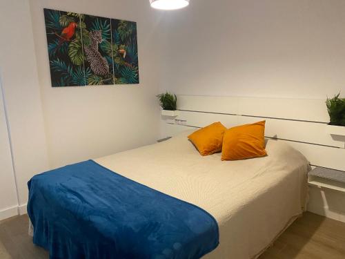 1 dormitorio con 1 cama con almohadas de color naranja y una pintura en SunDream1 home en Alicante