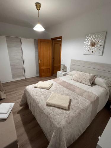 a bedroom with a large bed with two towels on it at Apartamentos EL PELIGRO in Archidona