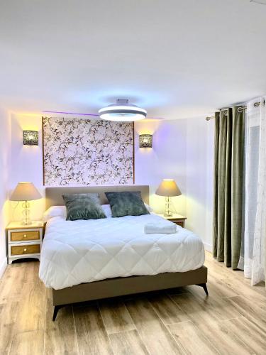 a bedroom with a large bed and two lamps at Hostal GARDEN ROUS in Paiporta
