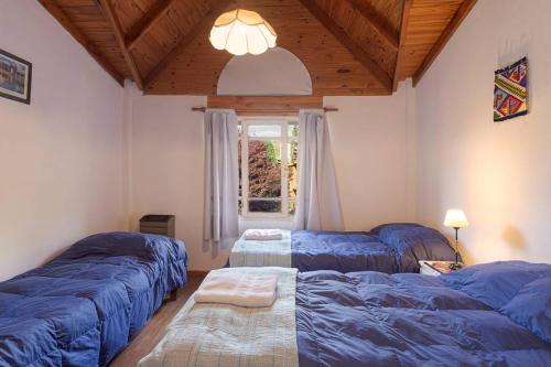 a bedroom with three blue beds and a window at Cabañas Del Lacar in San Martín de los Andes