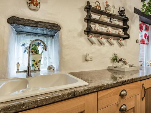 a bathroom with a sink and a mirror at Colomendy Lodge in Corwen