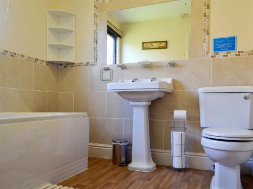 La salle de bains est pourvue d'un lavabo, de toilettes et d'un miroir. dans l'établissement Magpie - Uk6546, à Llanfihangel-Bryn-Pabuan