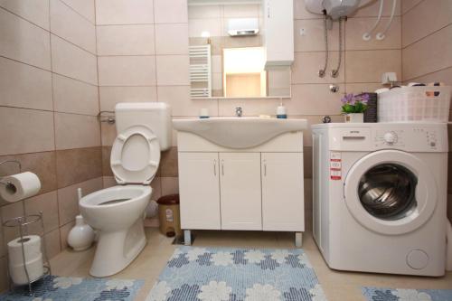a bathroom with a toilet and a washing machine at Apartman Mladen in Trebinje