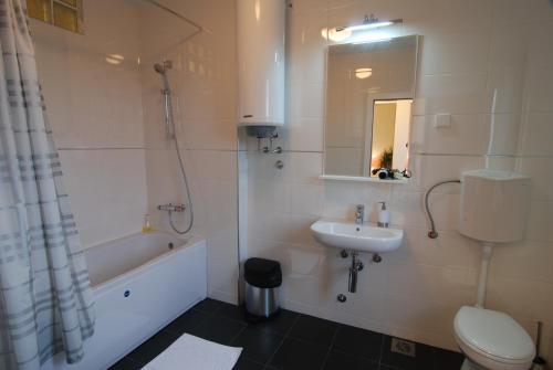 een badkamer met een wastafel, een toilet en een bad bij Vrnjci House in Vrnjačka Banja