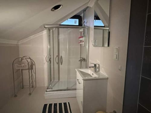 y baño con ducha y lavamanos. en Прекрасная двухуровневая квартира с террасой, en Estambul