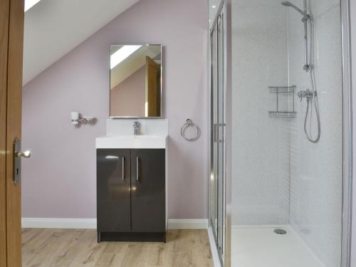 a bathroom with a sink and a shower with a mirror at Lucys Lodge - Ukc2202 in Doddington