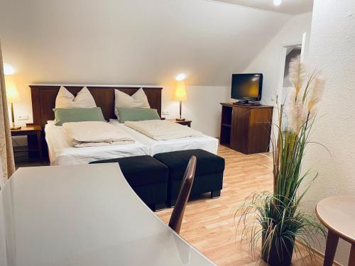 ein Schlafzimmer mit einem Bett, einem Sofa und einem TV in der Unterkunft Apartment am Hohlbach in Gruibingen in Gruibingen