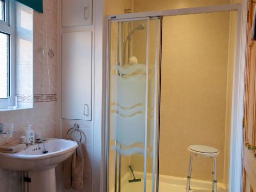 a bathroom with a shower and a sink at Ivy Grange Cottage in Wistow