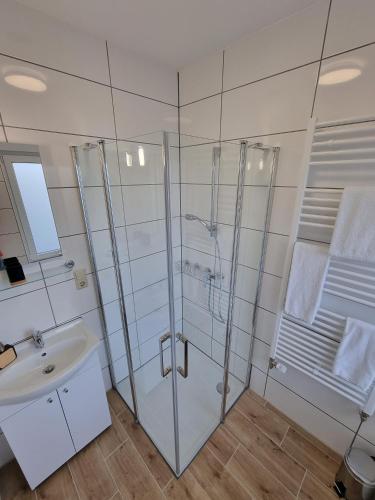 a bathroom with a glass shower and a sink at Gästehaus Grunewald Bed & Breakfast in Heiden