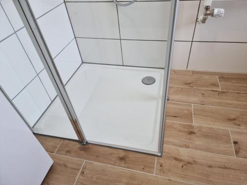a shower with a glass door in a bathroom at Gästehaus Grunewald Bed & Breakfast in Heiden
