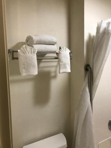 a bathroom with towels on a towel rack and a toilet at The Best Inn & Suites in Markham