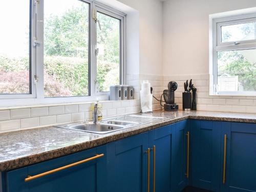 a kitchen with blue cabinets and a sink at Bay House in Canterbury