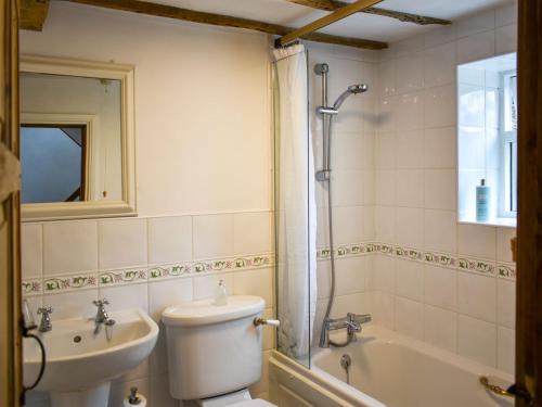 een badkamer met een toilet, een wastafel en een douche bij The Snug in Kirkby Lonsdale
