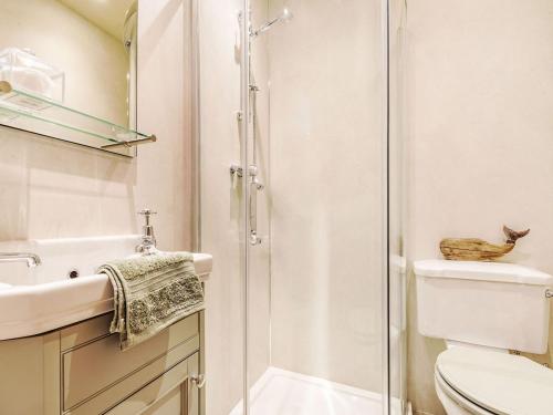 La salle de bains est pourvue d'une douche, d'un lavabo et de toilettes. dans l'établissement Drake Cottage, à Wilsden