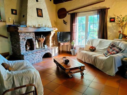 a living room with a couch and a fireplace at Villa Les Chariotins in Draguignan