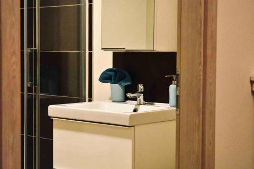 a bathroom with a white sink and a mirror at Premium Casa Apartman in Sopron