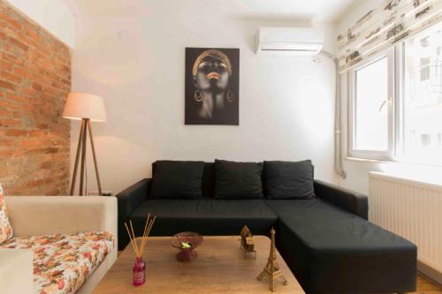 uma sala de estar com um sofá preto e uma janela em Cozy and Comfortable apt. em Istambul