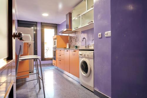 萊昂的住宿－Apartamento La Calma, plaza de La Inmaculada, en el centro de León，紫色的厨房配有洗衣机