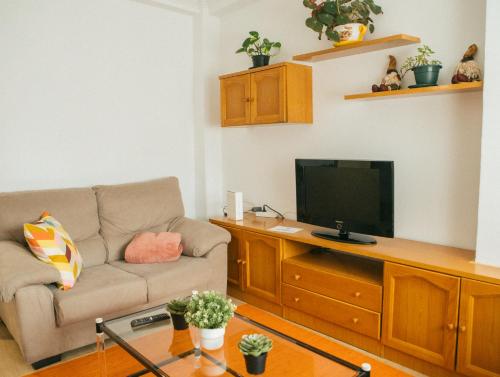 un soggiorno con divano e TV a schermo piatto di A Solaina a Redondela