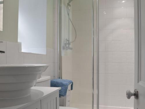 baño blanco con ducha y lavamanos en Heckberry Cottage en Burtree Ford