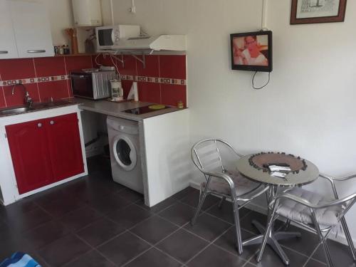 eine kleine Küche mit einem Tisch und einer Waschmaschine in der Unterkunft STUDIO POINTE DU BOUT in Les Trois-Îlets