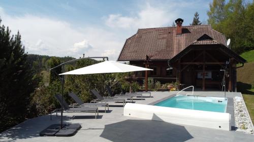 a pool with chairs and an umbrella next to a house at Ferienhaus Kraxlhütte Kärnten in Velden am Wörthersee