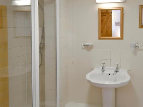 a bathroom with a sink and a shower at Wren Cottage in Netherbury