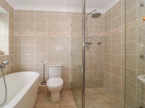 een badkamer met een toilet, een bad en een douche bij Castle View Annex in Wareham