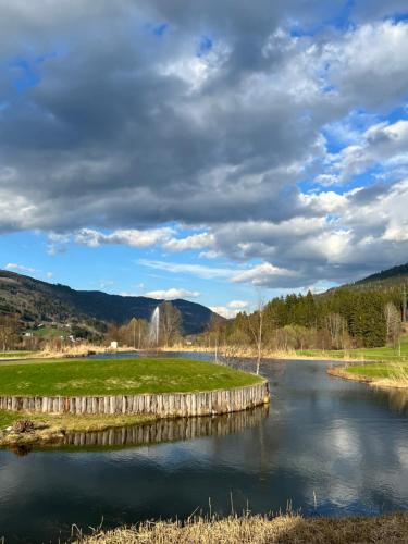 a river with a bridge in the middle of a field at Alpenferienhaus Kreischberg in Sankt Lorenzen ob Murau