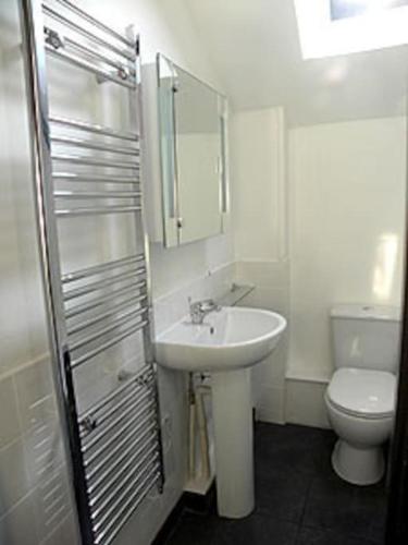 a bathroom with a sink and a toilet at Beautiful Cornish barn in the stunning Lamorna valley with large garden in Paul