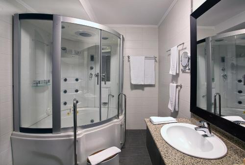 La salle de bains est pourvue d'une douche et d'un lavabo. dans l'établissement Hotel Tecadra, à Bucarest