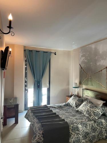 a bedroom with a large bed with a blue curtain at Vivienda Ubuntu in Los Llanos de Aridane