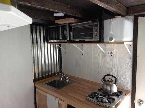 a kitchen with a sink and a stove and microwave at Catskills tiny house cabin in Livingston Manor