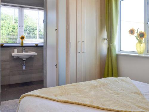 a bedroom with a bed and a sink and a window at Pentire in Holbeton