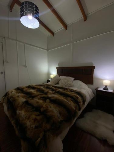 een slaapkamer met een groot bed en een licht bij hospedaje familiar Esperanza in Coihaique