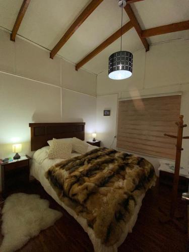 een slaapkamer met een groot bed en een grote deken bij hospedaje familiar Esperanza in Coihaique