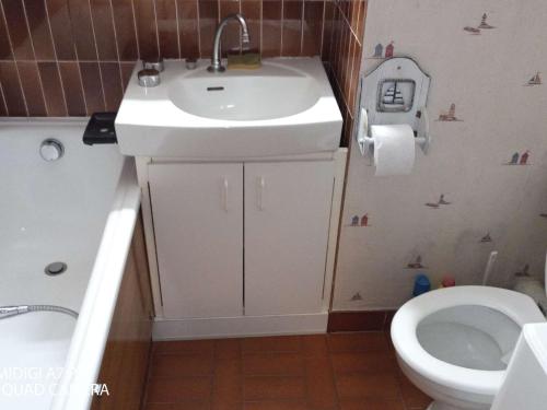 une salle de bain avec un lavabo et des toilettes dans l'établissement Studio cosy avec piscine et parking, 4 couchages, proche plage – Le Grau-du-Roi - FR-1-250-196, au Grau-du-Roi