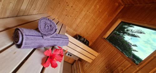 an overhead view of a wooden sauna with a purple towel at Villa del Mar in Mazotos