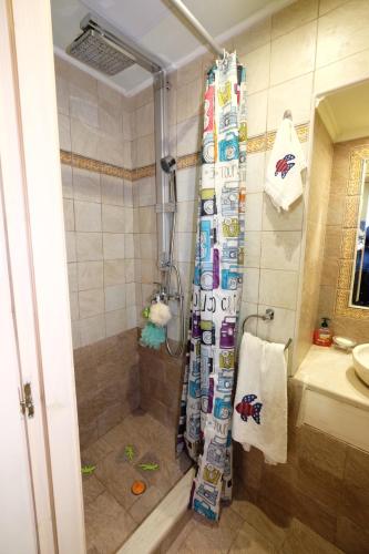 a shower with a shower curtain in a bathroom at Castle Maisonette in Chios