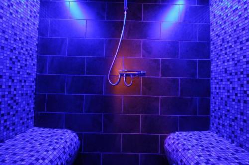 La salle de bains est pourvue d'une douche avec des lumières bleues. dans l'établissement Aux 67 nuances - Spa, à Châtenois