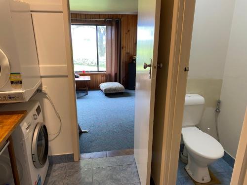 a bathroom with a toilet and a washing machine at Twelve Apostles Ocean View in Princetown